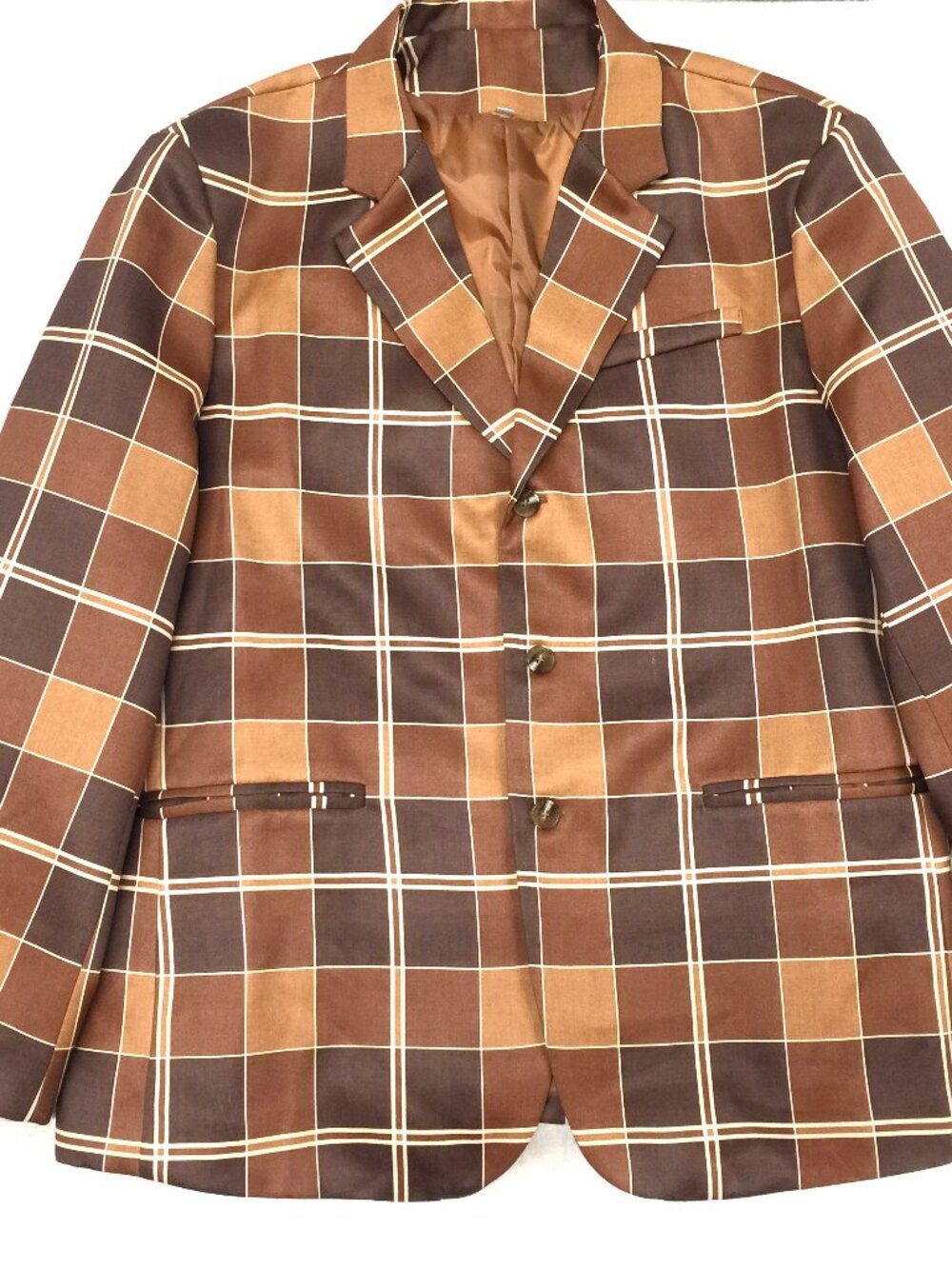 Vintage 70s Leisure Plaid Blazer Sport Coat Disco Brown White Gold, Mens 3XL